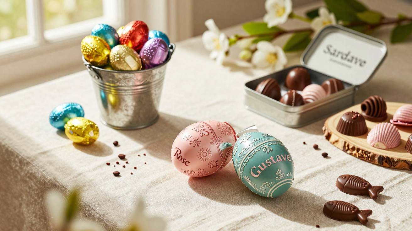Ovos de chocolate coloridos e bombons em lata e balde metálico sobre toalha clara numa mesa iluminada.
