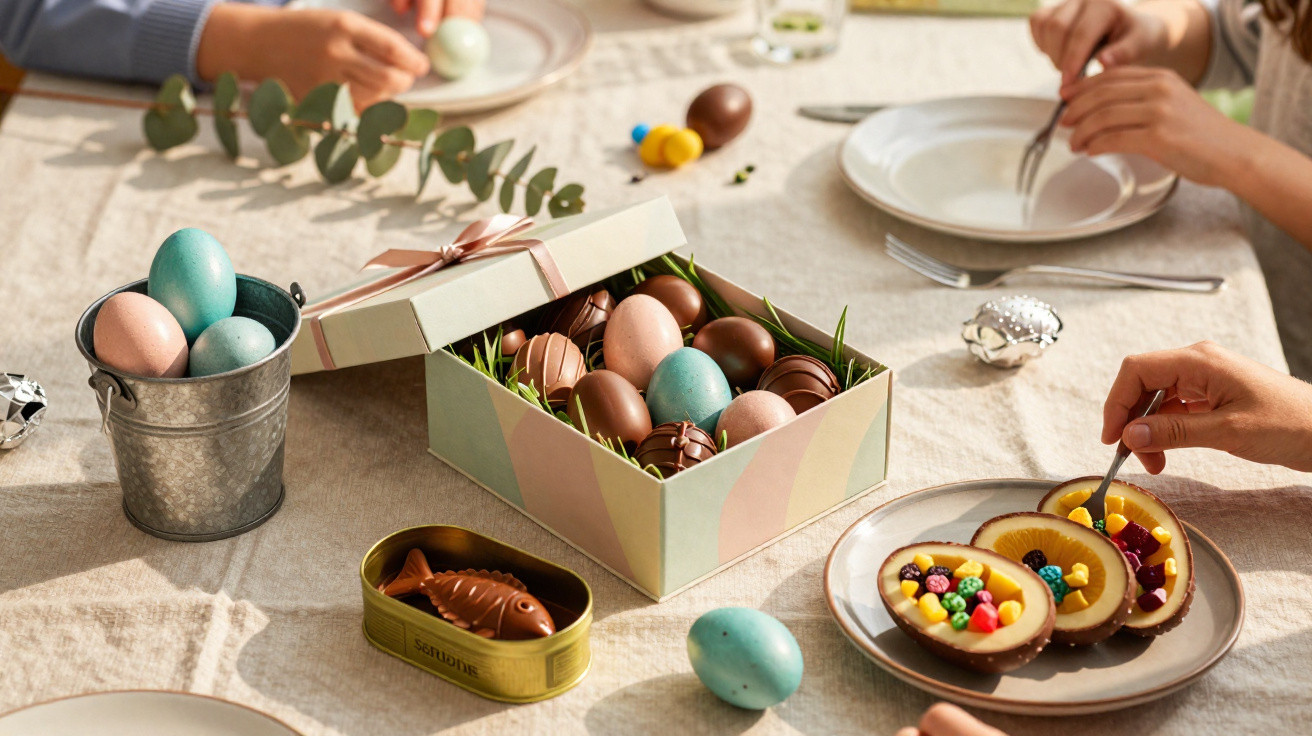 Caixa aberta com ovos de Páscoa de chocolate coloridos, balde com ovos coloridos e mãos a comer sobremesas à mesa.