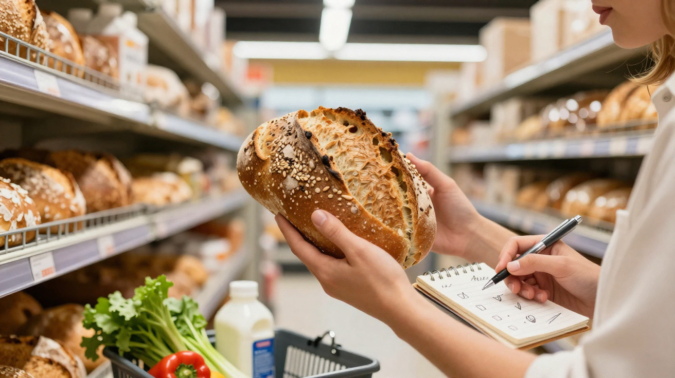 Mulher a escolher pão numa prateleira de supermercado com lista de compras na mão e cesto com legumes.