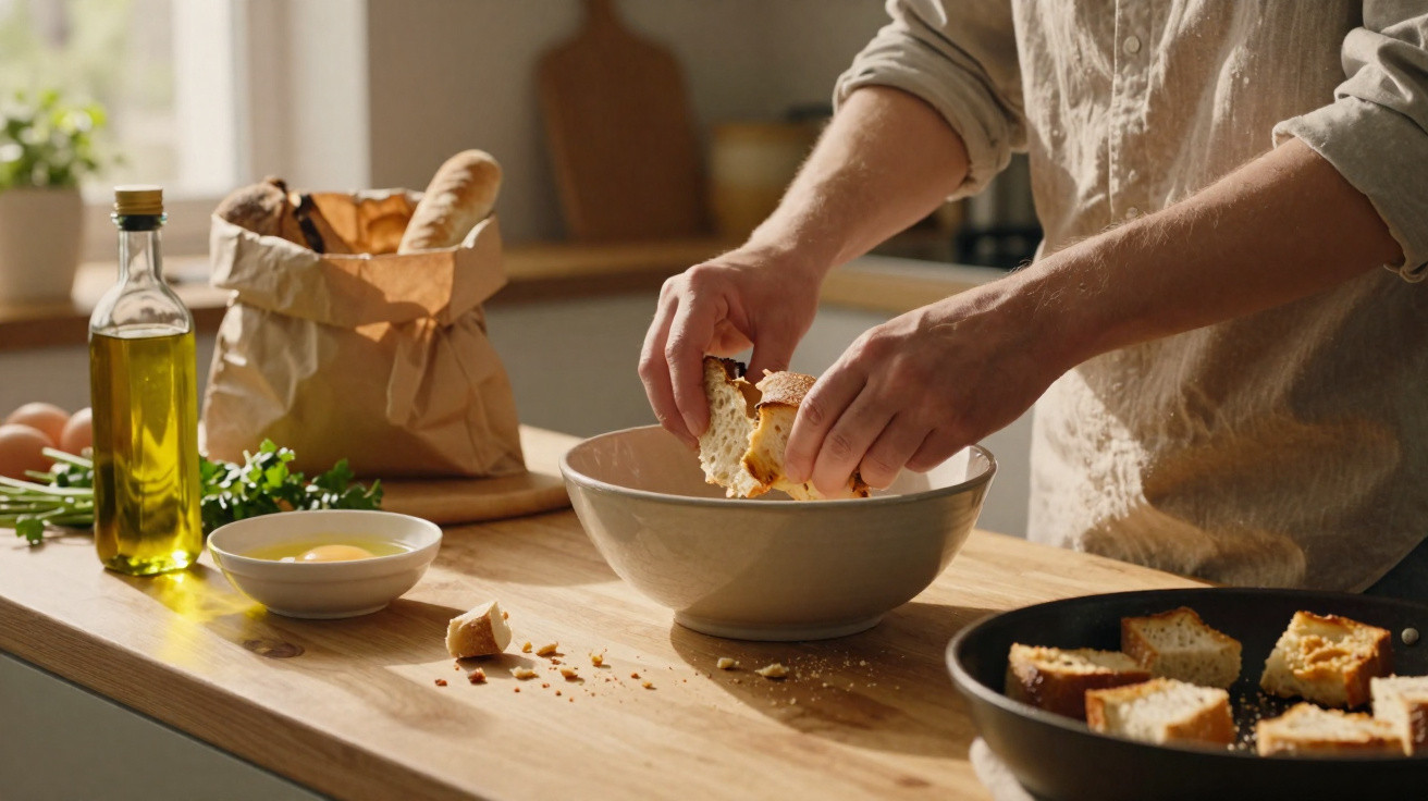 Pessoa a partir pão em pedaços dentro de uma taça na cozinha com ingredientes à volta.