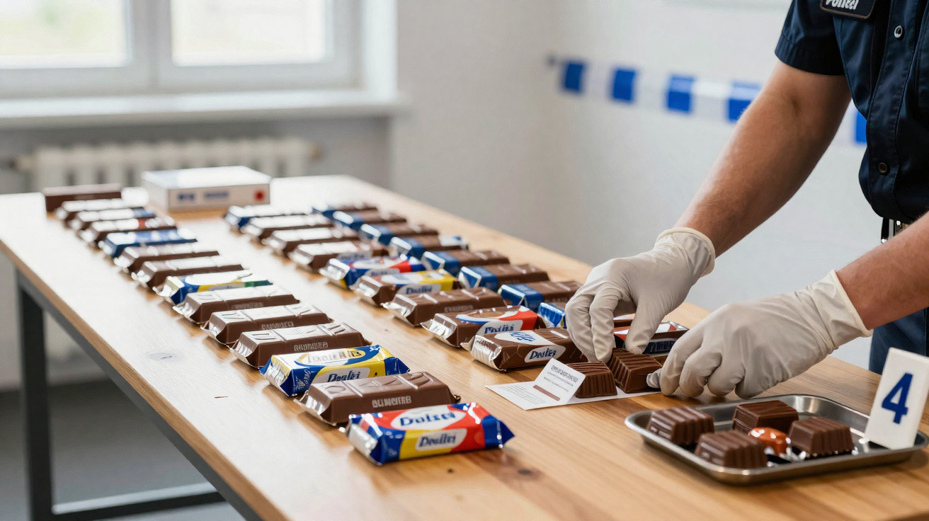 Polícia com luvas analisa barras de chocolate organizadas sobre uma mesa para investigação.