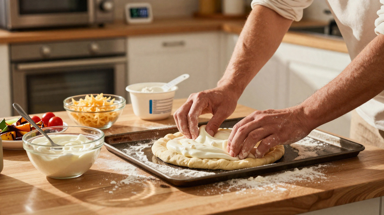 Pessoa a espalhar creme sobre massa de pizza num tabuleiro numa cozinha moderna.