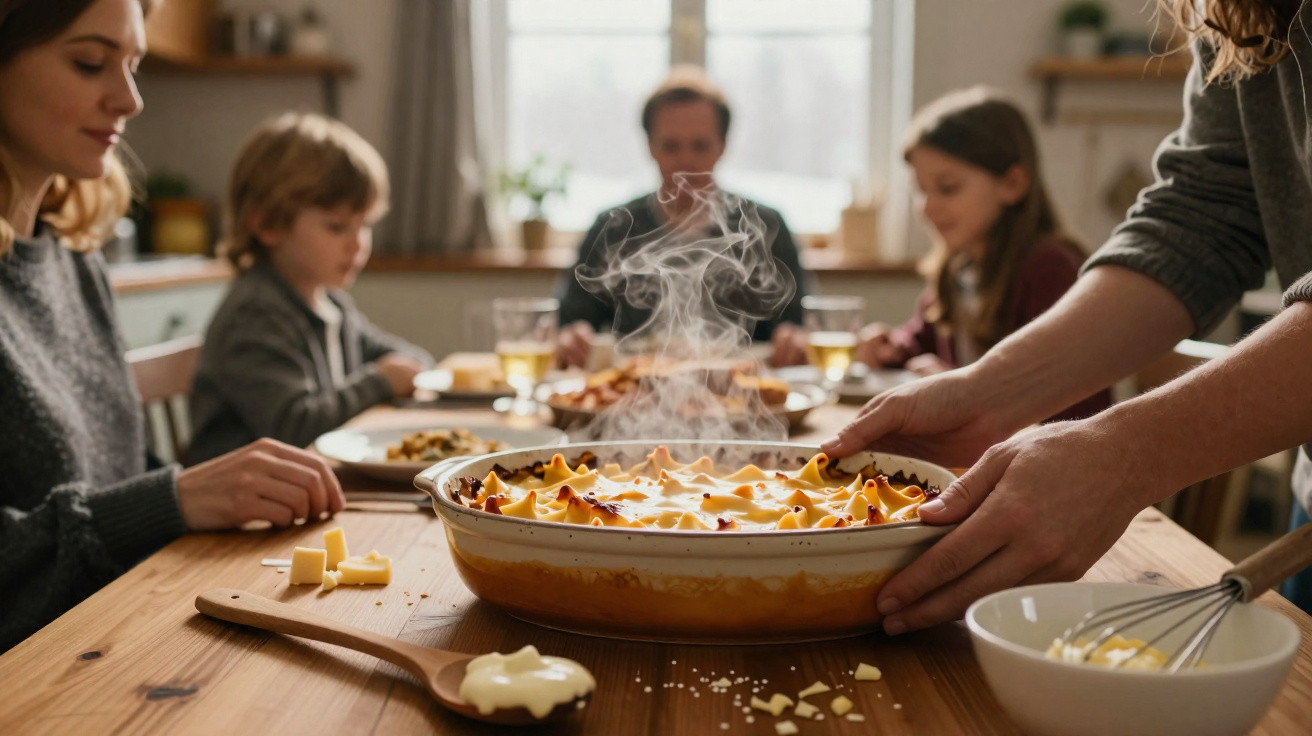 Família sentada à mesa pronta para comer uma lasanha quente recém saída do forno.