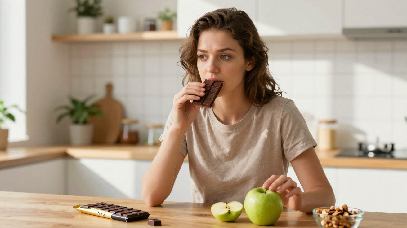 Mulher sentada à mesa na cozinha a segurar chocolate e maçã verde com tigela de frutos secos.