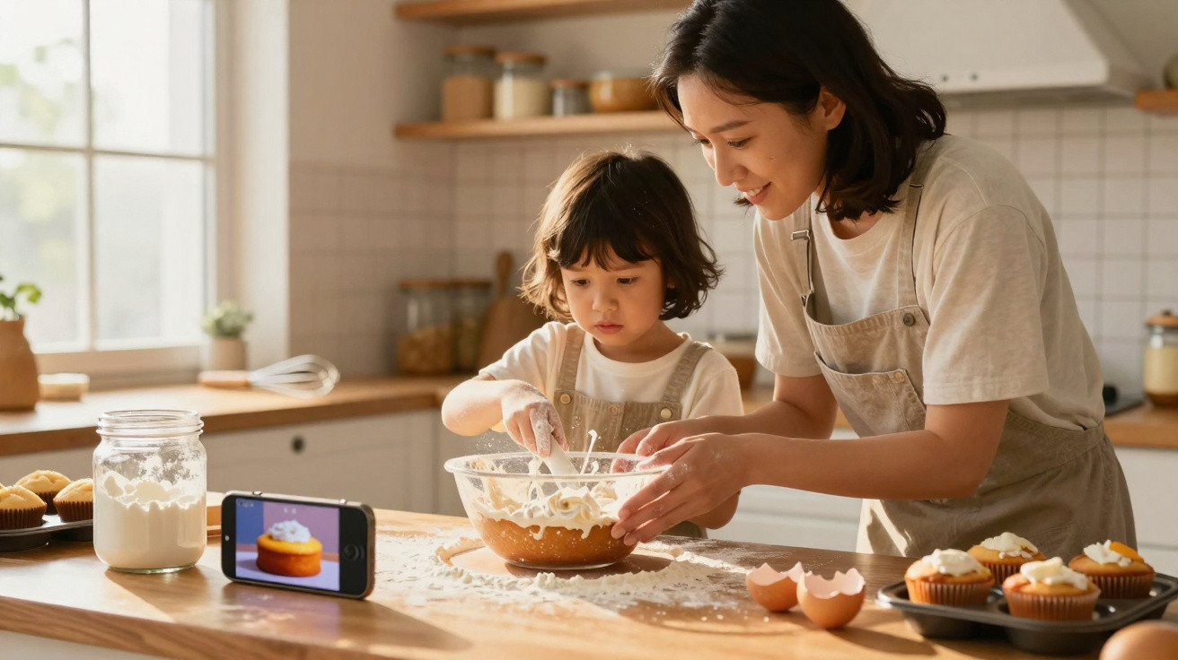 Criança e mulher a preparar massa na cozinha, seguindo receita num smartphone à frente.