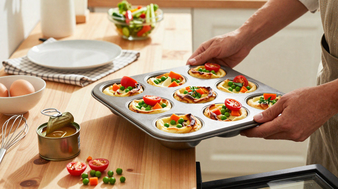 Pessoa a segurar forma com mini quiches decoradas com ervilhas, tomate cherry e cenoura numa cozinha.