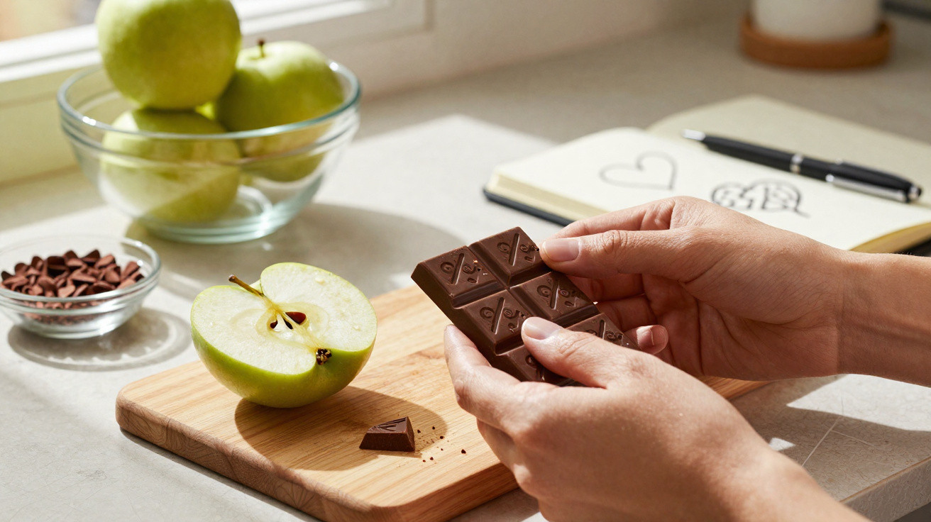 Pessoas seguram barra de chocolate junto a maçã cortada e várias maçãs verdes numa bancada iluminada.