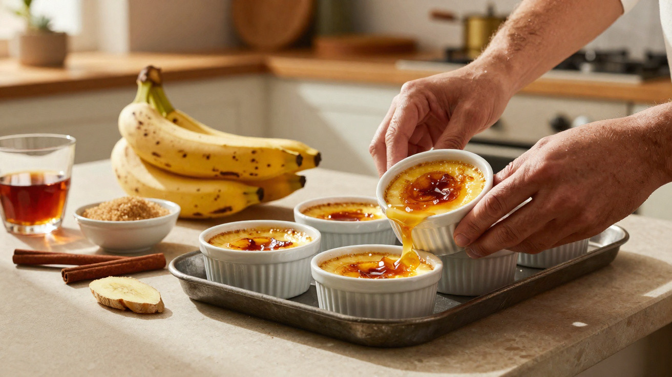 Mãos seguram creme queimado em ramequins num tabuleiro, com bananas, canela e açúcar na bancada da cozinha.