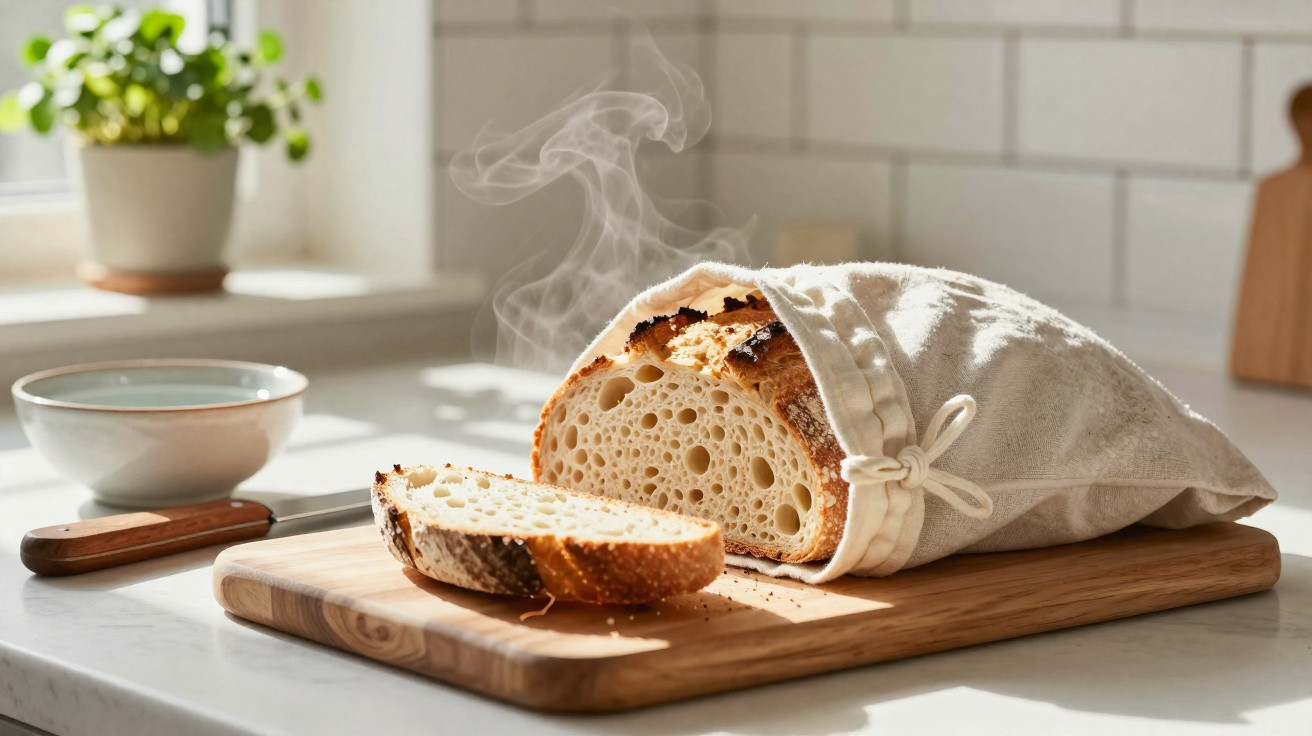 Pão rústico quente fatiado sobre tábua de madeira, com vapor visível numa cozinha iluminada.
