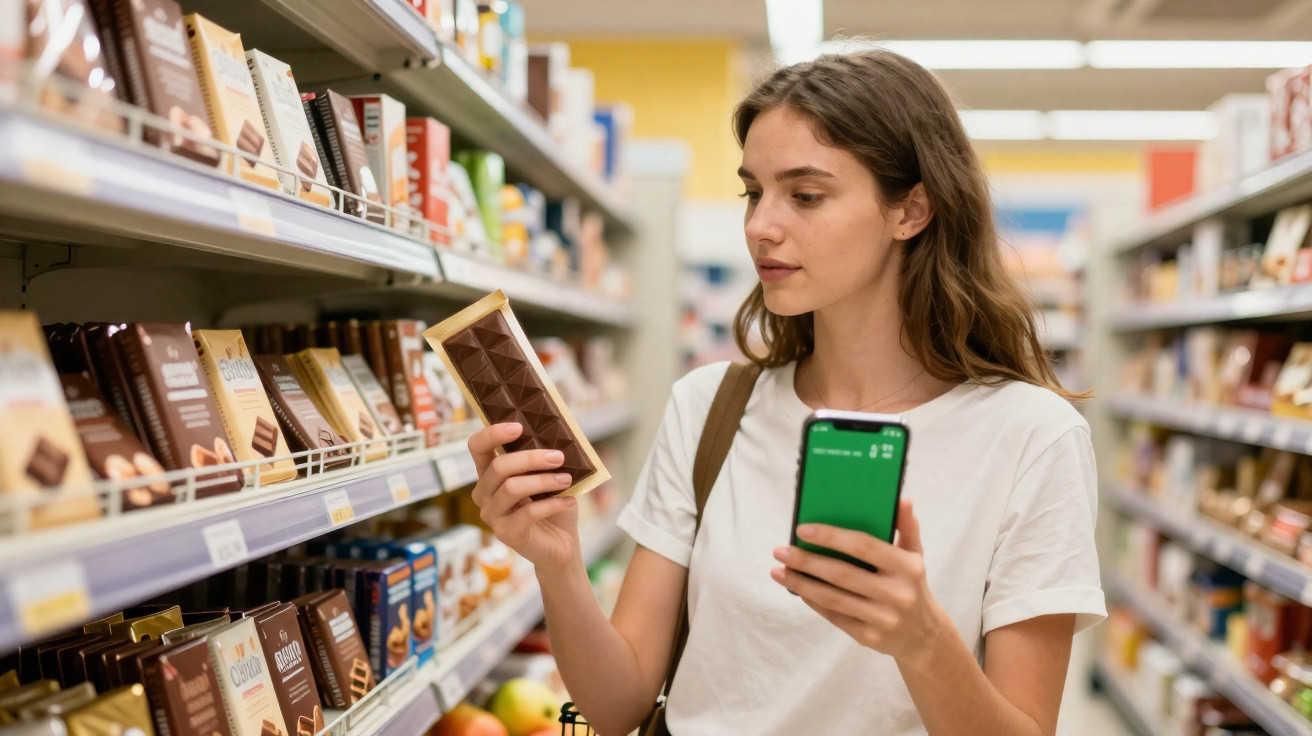 Mulher em supermercado compara barra de chocolate enquanto segura telemóvel com aplicação aberta.