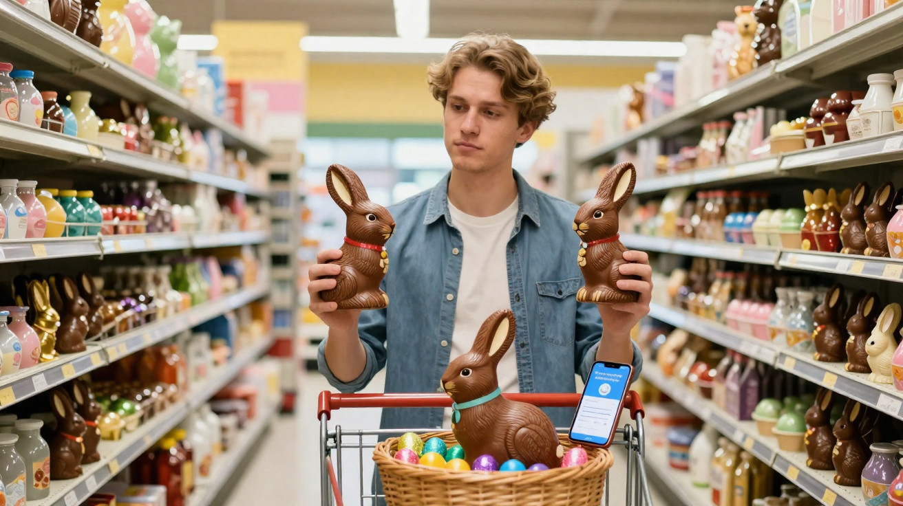 Homem num supermercado a escolher entre dois coelhos de chocolate para Páscoa.