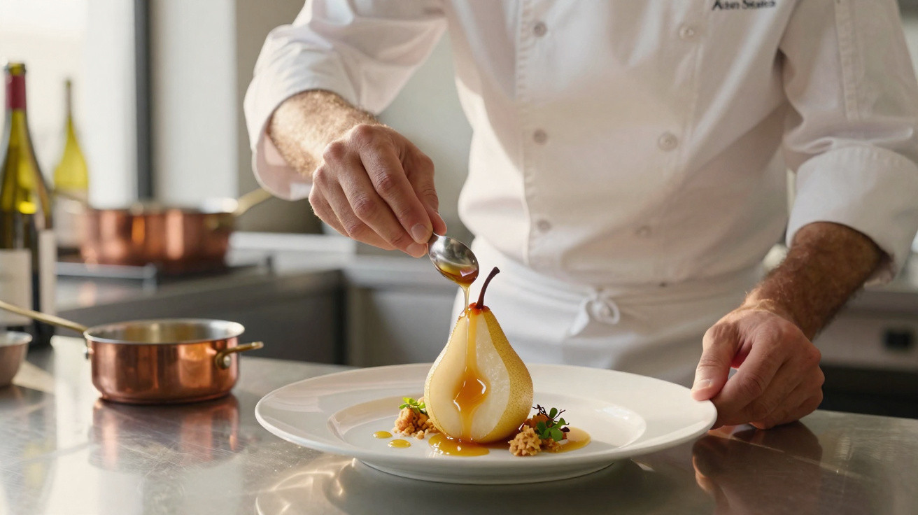 Chef a regar molho sobre pêra cozida, prato gourmet com decoração delicada numa cozinha profissional.