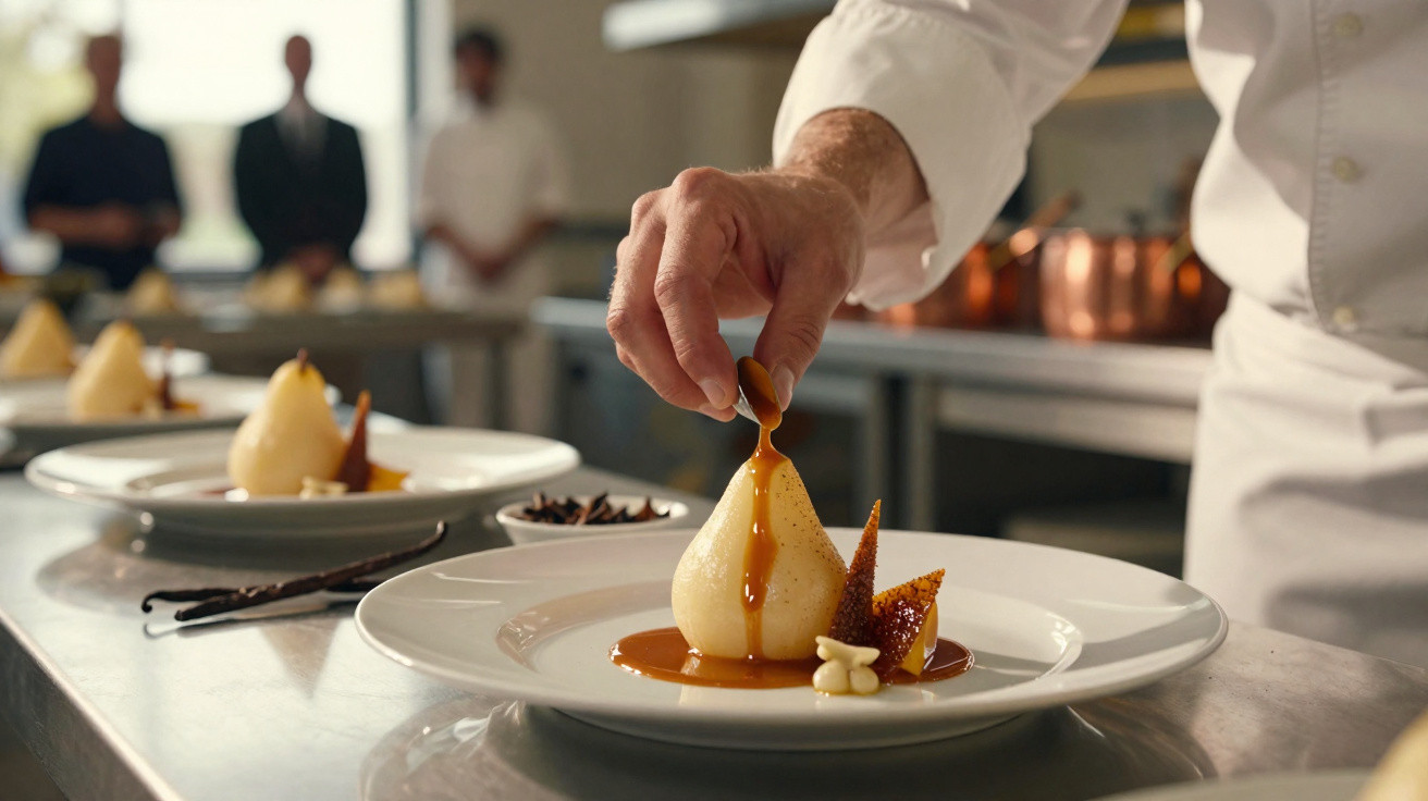 Chef a decorar sobremesa com pêra cozida e molho caramelizado em prato branco numa cozinha profissional.