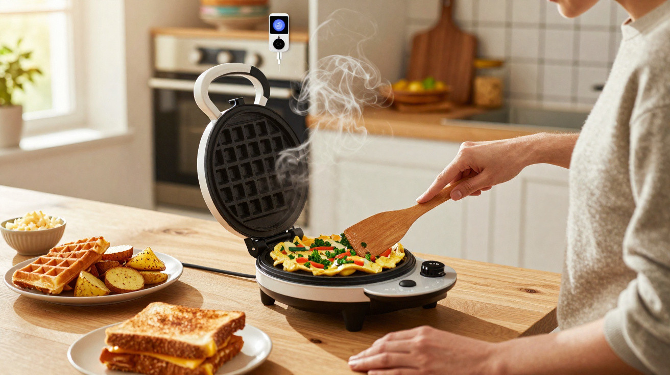 Pessoa a cozinhar omelete em máquina elétrica na cozinha, com waffles e sanduíche na bancada.