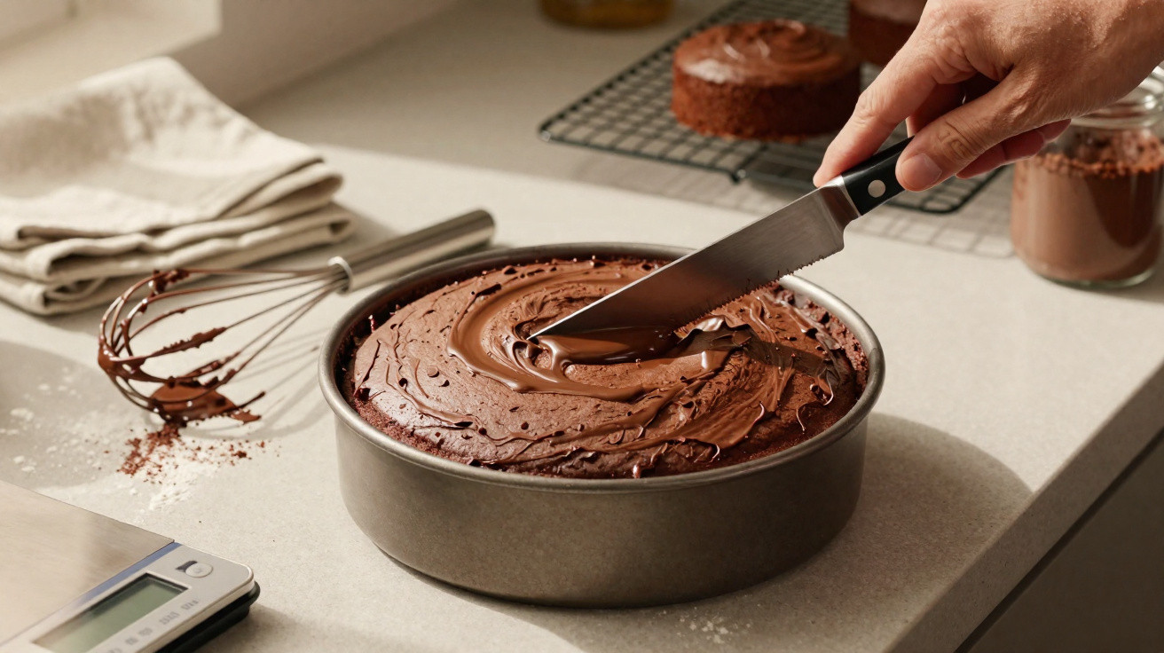 Bolo de chocolate num tabuleiro redondo, com cobertura de chocolate a ser espalhada com uma faca.
