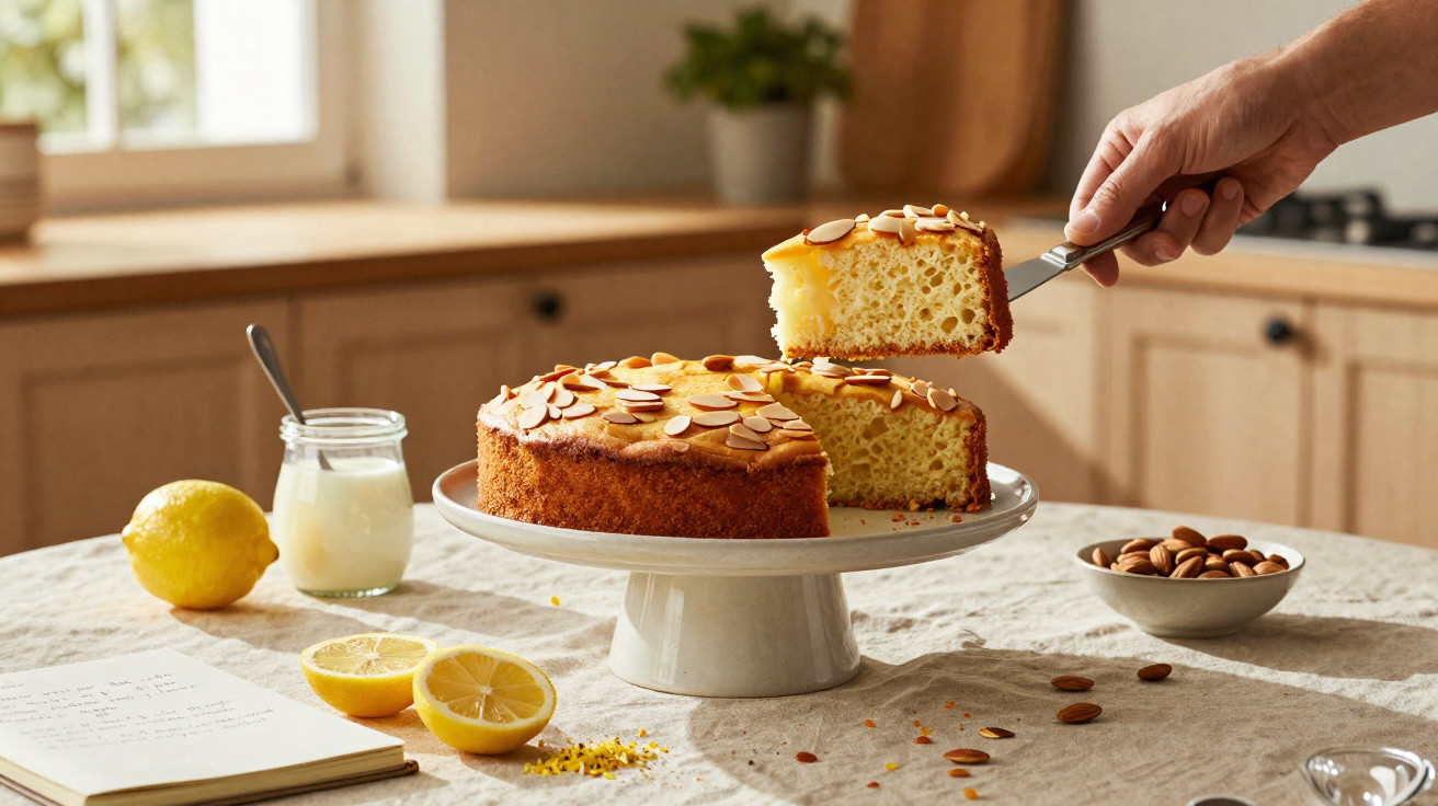 Bolo de limão com amêndoas fatiado numa cozinha, com limões, iogurte e amêndoas numa mesa.