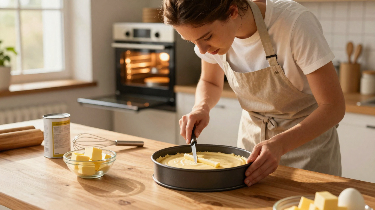 Mulher a preparar uma tarte na cozinha, colocando manteiga sobre a massa numa forma redonda.