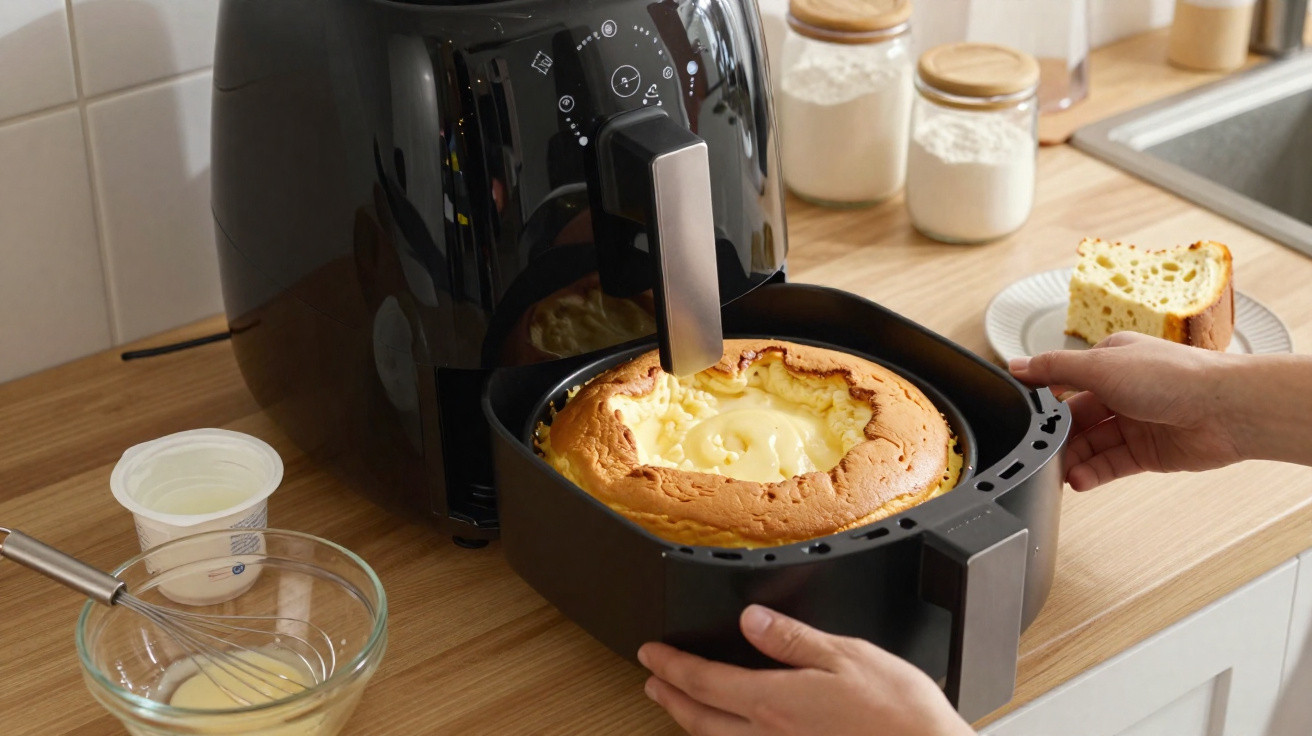 Pessoas a retirar bolo fofo acabado de fazer numa fritadeira elétrica preta na cozinha.