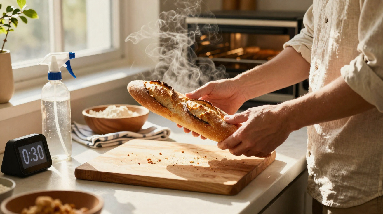 Pessoa a retirar pão quente fumegante do forno numa cozinha iluminada e moderna.