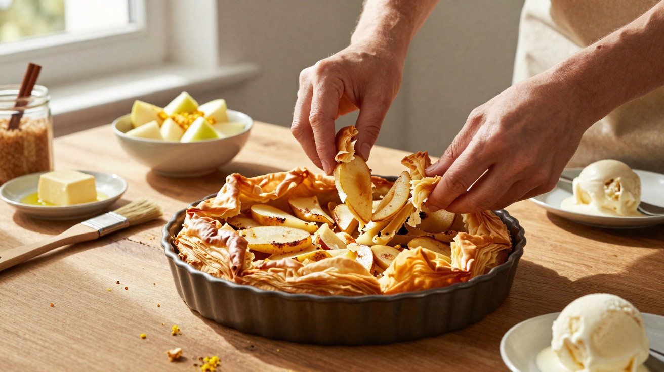 Mãos a preparar tarte de maçã com massa folhada numa forma, com gelado e manteiga ao lado numa mesa de madeira.