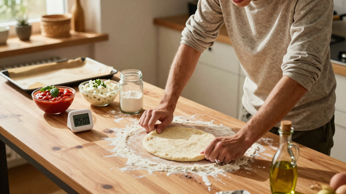 Pessoa a esticar massa de pizza numa bancada de cozinha com ingredientes ao lado.