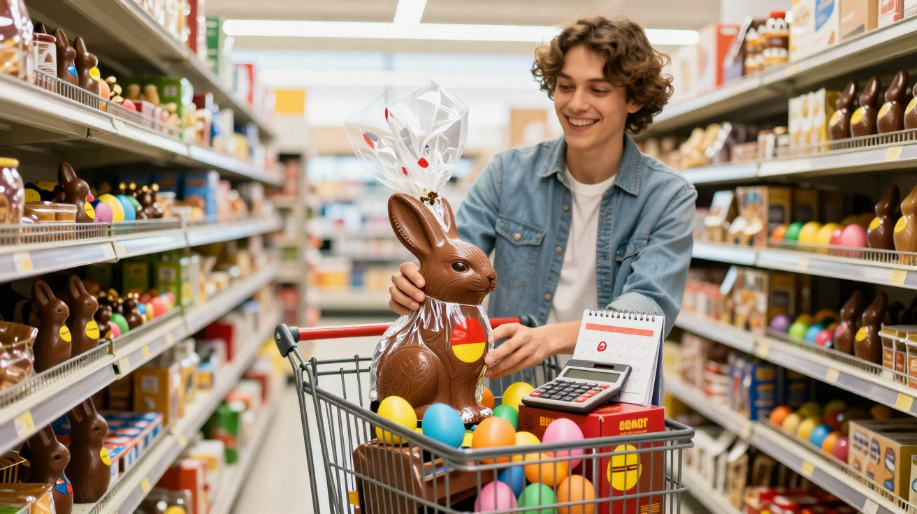 Jovem sorridente escolhe coelho de chocolate numa prateleira de supermercado com carrinho cheio de ovos coloridos.