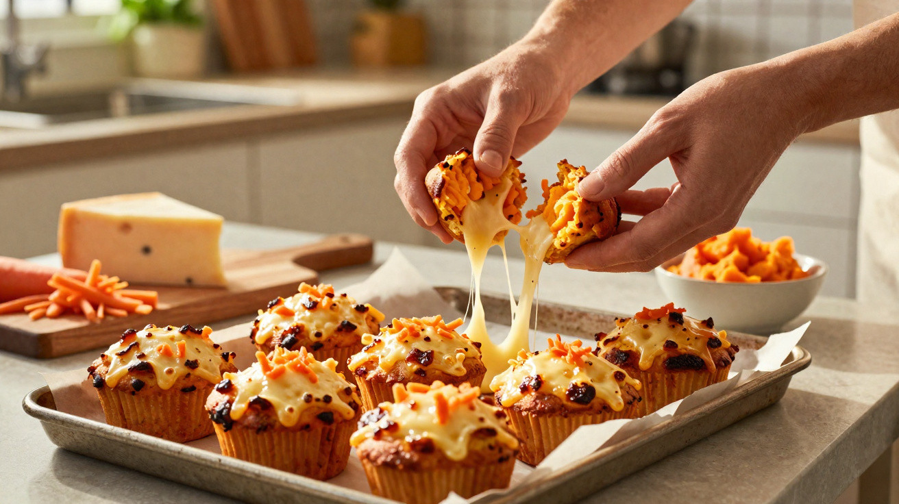 Pessoas partem muffins com queijo derretido e cenoura ralada numa bandeja na cozinha.