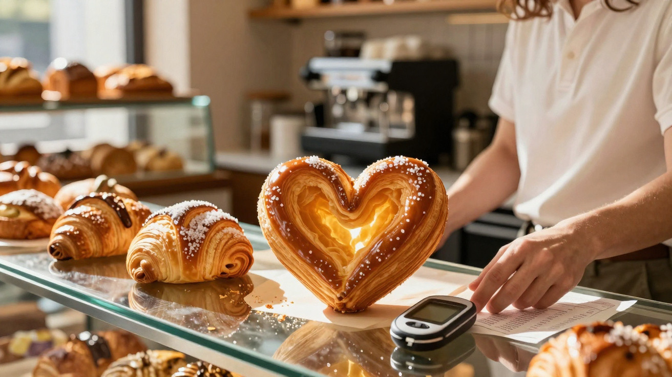 Pastelaria com croissants e pastel de coração sobre vidro, mãos de pessoa a organizar papéis.