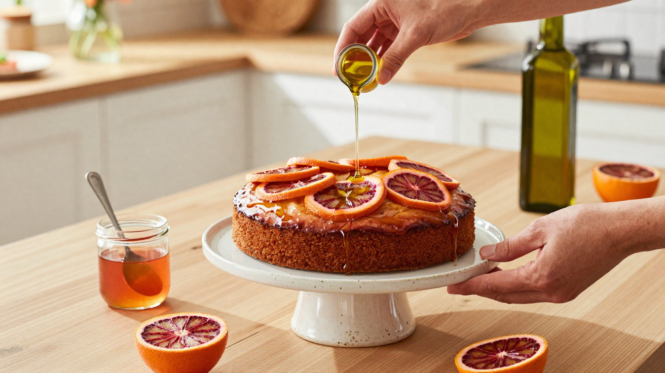 Bolo decorado com fatias de laranja sanguínea recebe calda derramada por uma mão numa cozinha moderna.