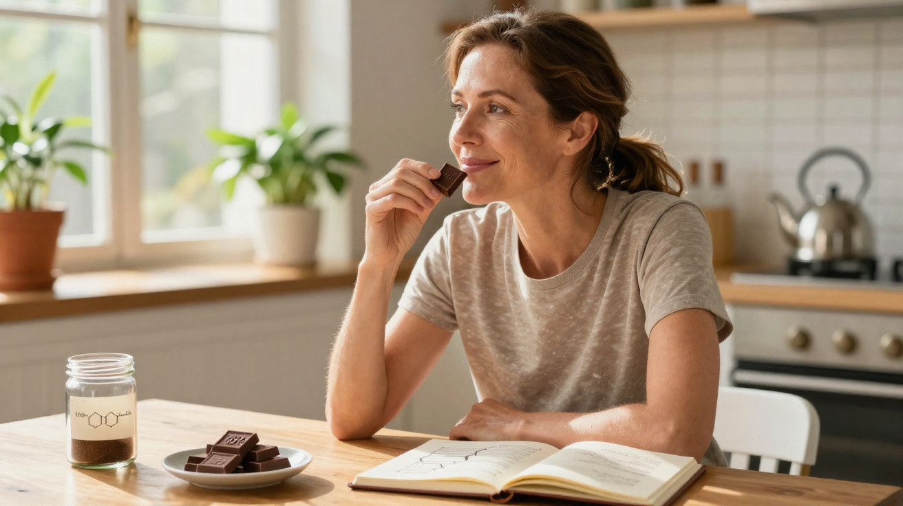 Mulher sentada à mesa na cozinha a saborear um pedaço de chocolate com livro aberto à frente.