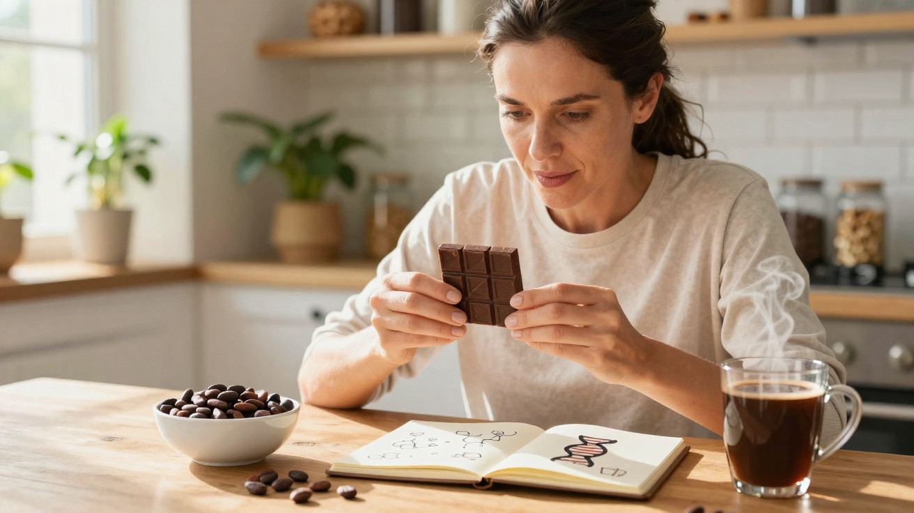 Mulher sentada à mesa a observar chocolate, com caderno de anotações e chá quente na cozinha.
