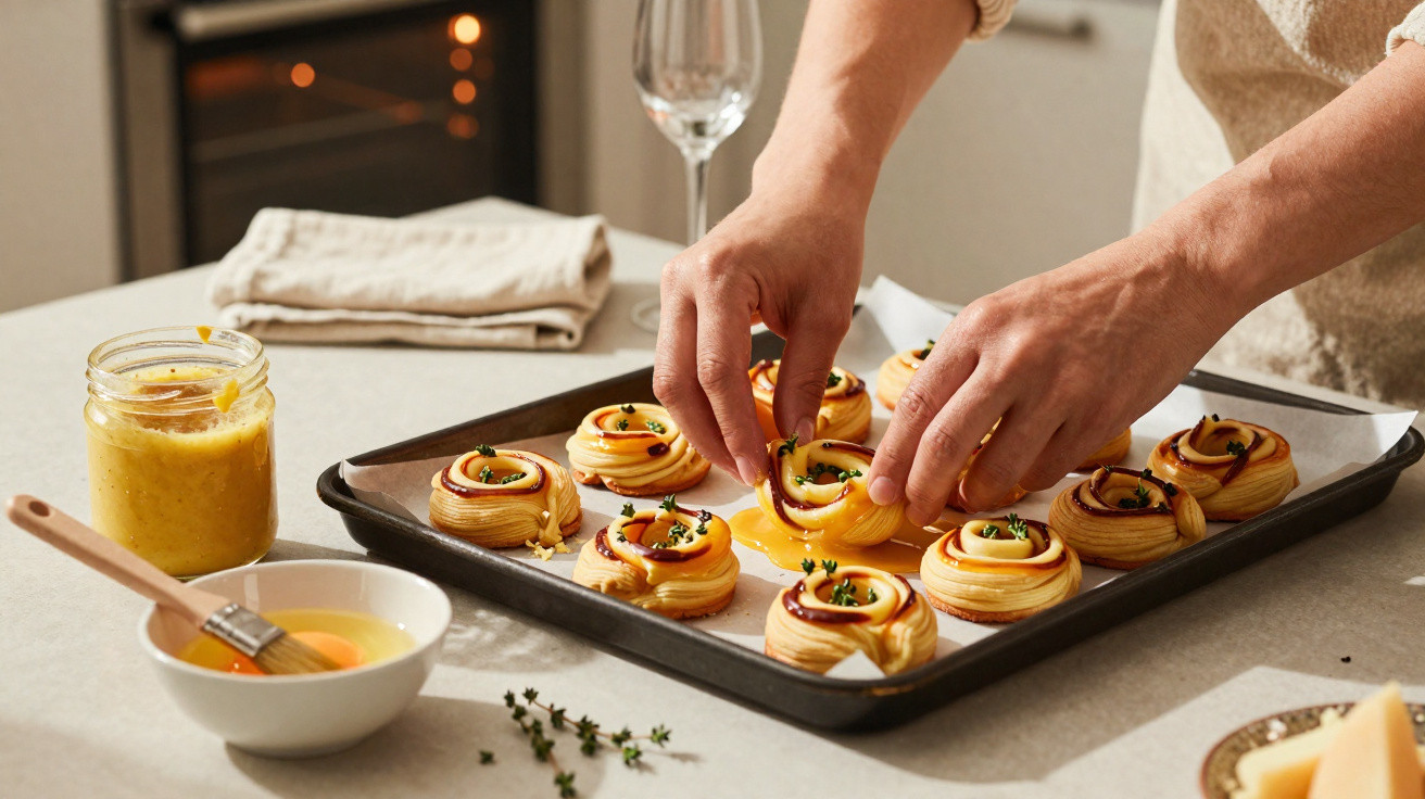 Mãos a preparar folhados com queijo e ervas num tabuleiro, com ingredientes e pincel de cozinha ao lado.