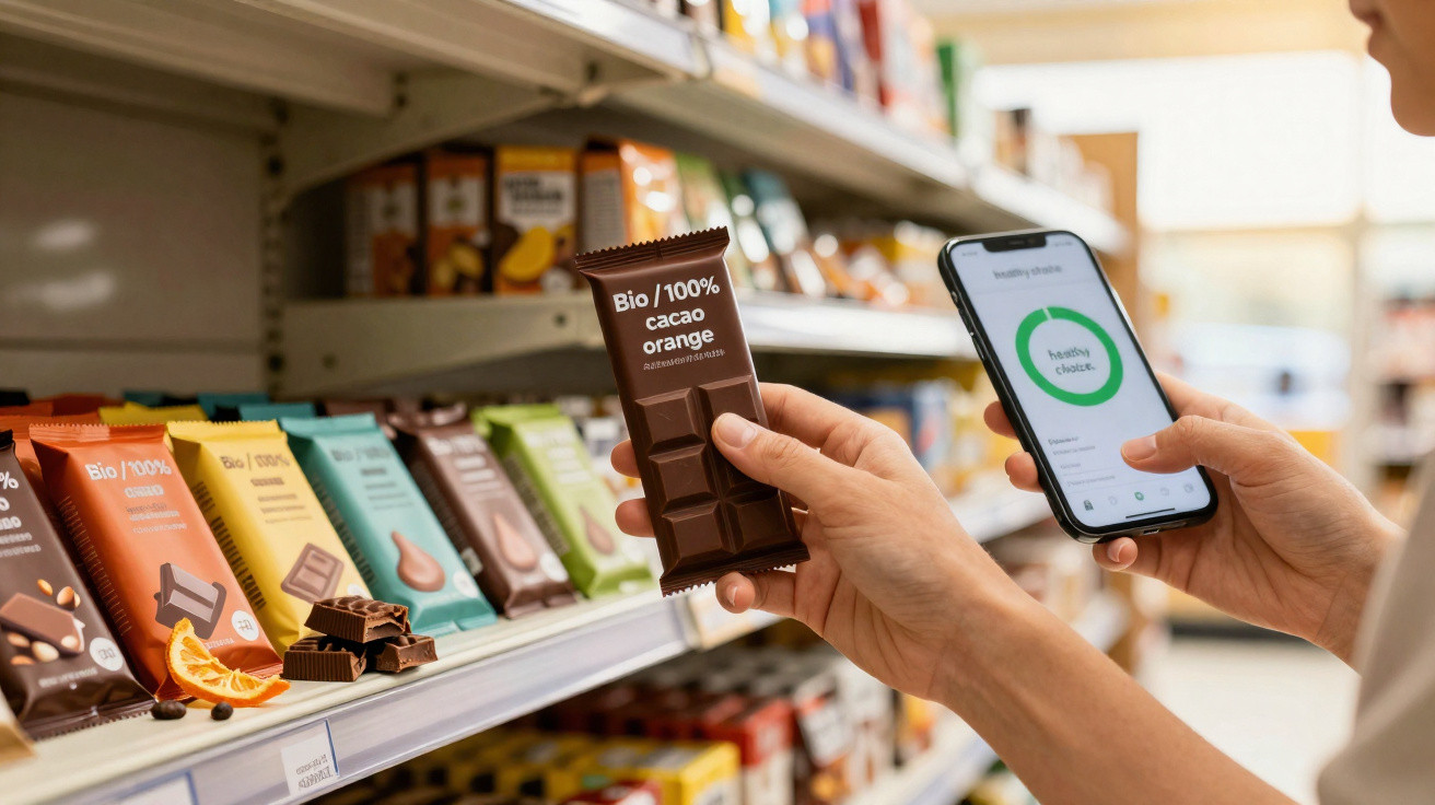 Pessoa segura barra de chocolate bio 100% cacau laranja e telemóvel numa prateleira de supermercado.