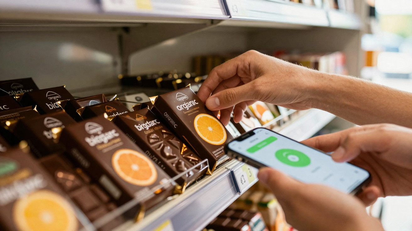 Pessoa a pegar barra de chocolate orgânico sabor laranja numa prateleira usando telemóvel para pagamento.
