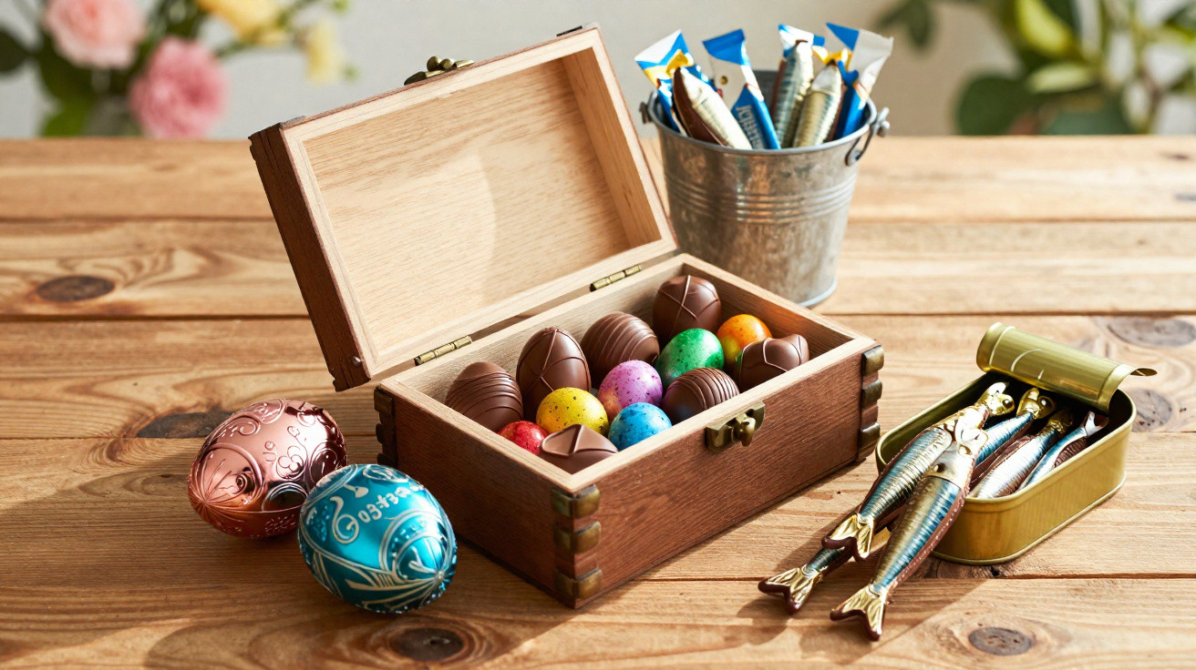 Caixa de madeira com ovos de chocolate coloridos e bombons, latas com sardinhas e baldes com chocolates.