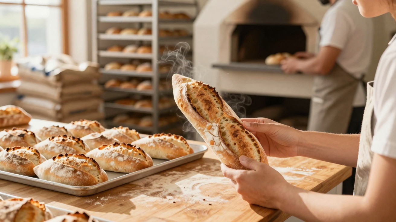 Pessoas a segurar pão acabado de sair do forno numa padaria com muitas fornadas de pão fresquinho.