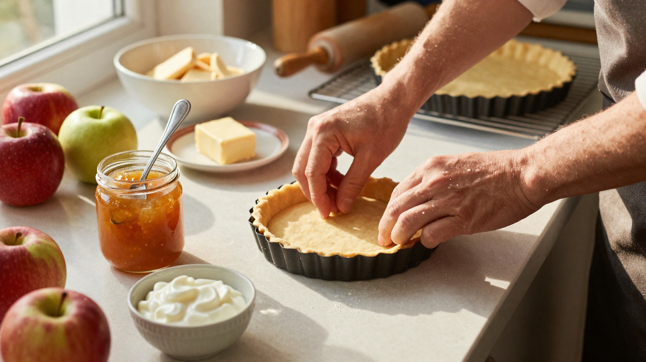 Mãos moldando massa numa forma de tarte com maçãs, compota e natas numa bancada iluminada pela luz natural.