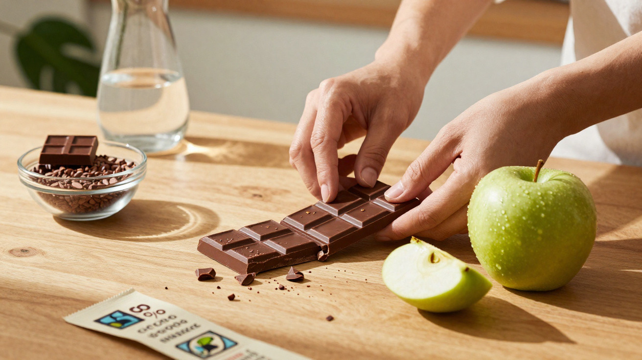 Mãos partidas uma barra de chocolate com maçã verde cortada, chocolate em grãos e água num jarro.