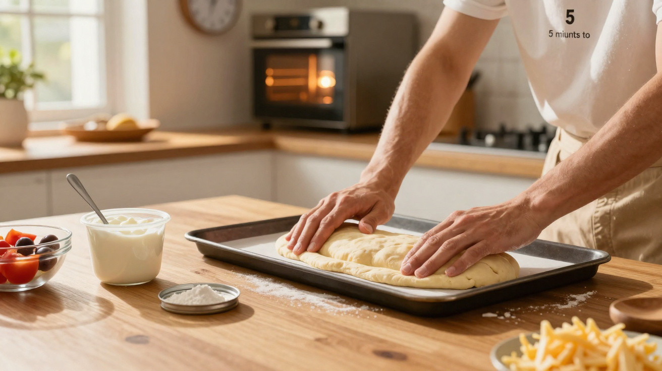 Pessoa a moldar massa sobre tabuleiro na bancada da cozinha, com ingredientes e forno ao fundo.