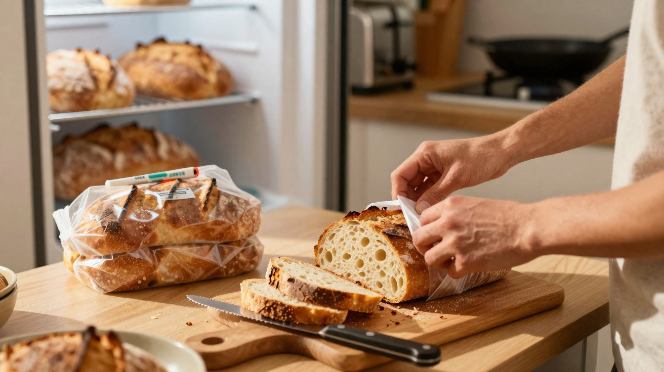Pessoa a retirar pão fatiado de embalagem transparente numa tábua de madeira numa cozinha.