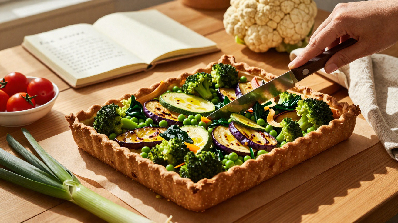 Mão a cortar tarte rectangular recheada com legumes variados sobre mesa de madeira com livro e legumes.