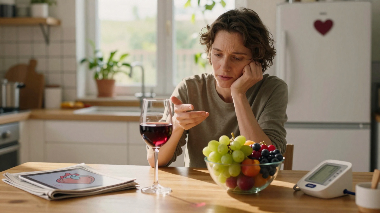 Mulher preocupada com medidor de tensão, fruta e copo de vinho na mesa de cozinha iluminada.