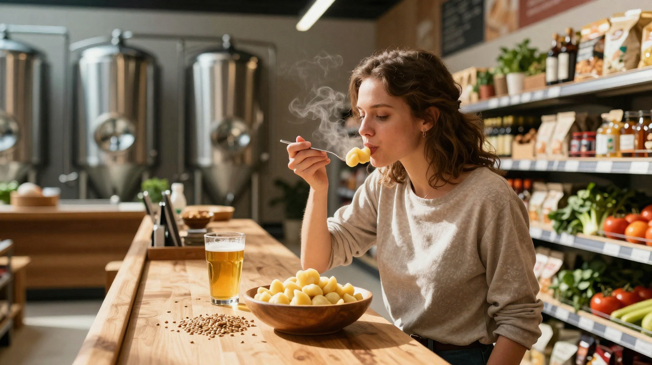 Mulher a saborear comida quente num restaurante com cerveja ao lado e prateleiras de produtos frescos.
