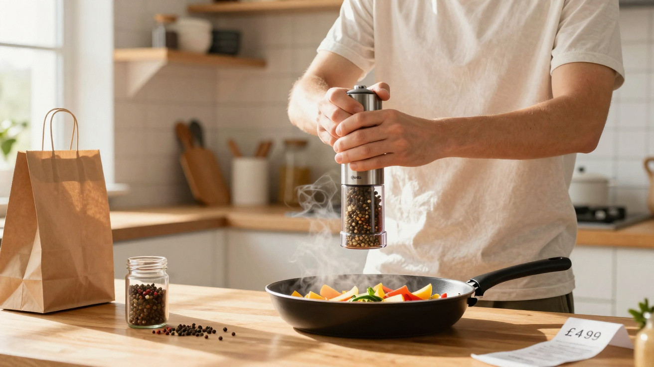 Pessoa moendo pimenta preta sobre legumes a cozinhar numa frigideira numa cozinha iluminada.