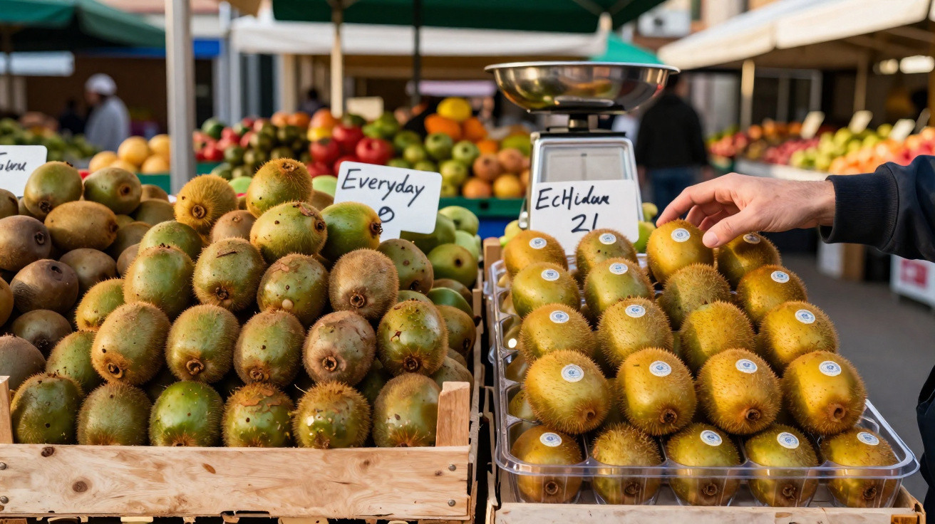 Fruta kiwi à venda num mercado ao ar livre, com uma mão a pegar num exemplar.