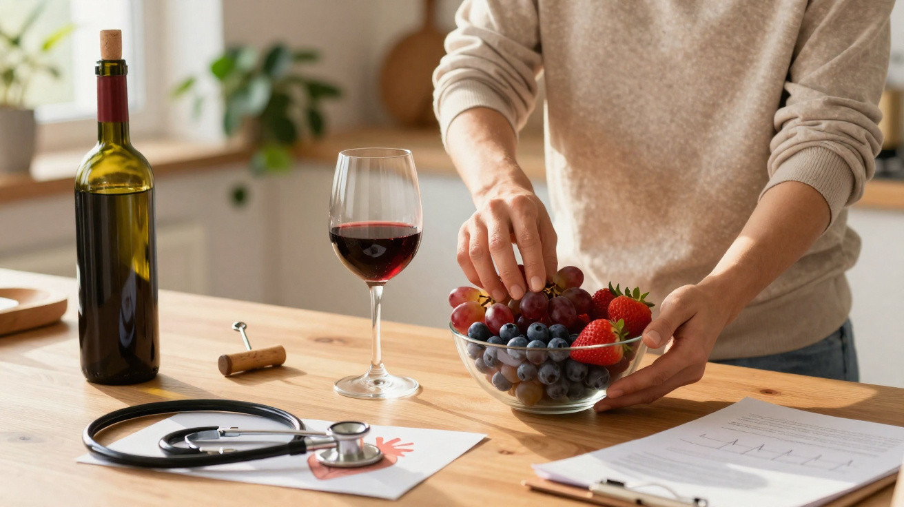 Pessoa a pegar frutas numa taça ao lado de copo de vinho tinto, garrafa, estetoscópio e papéis numa mesa.