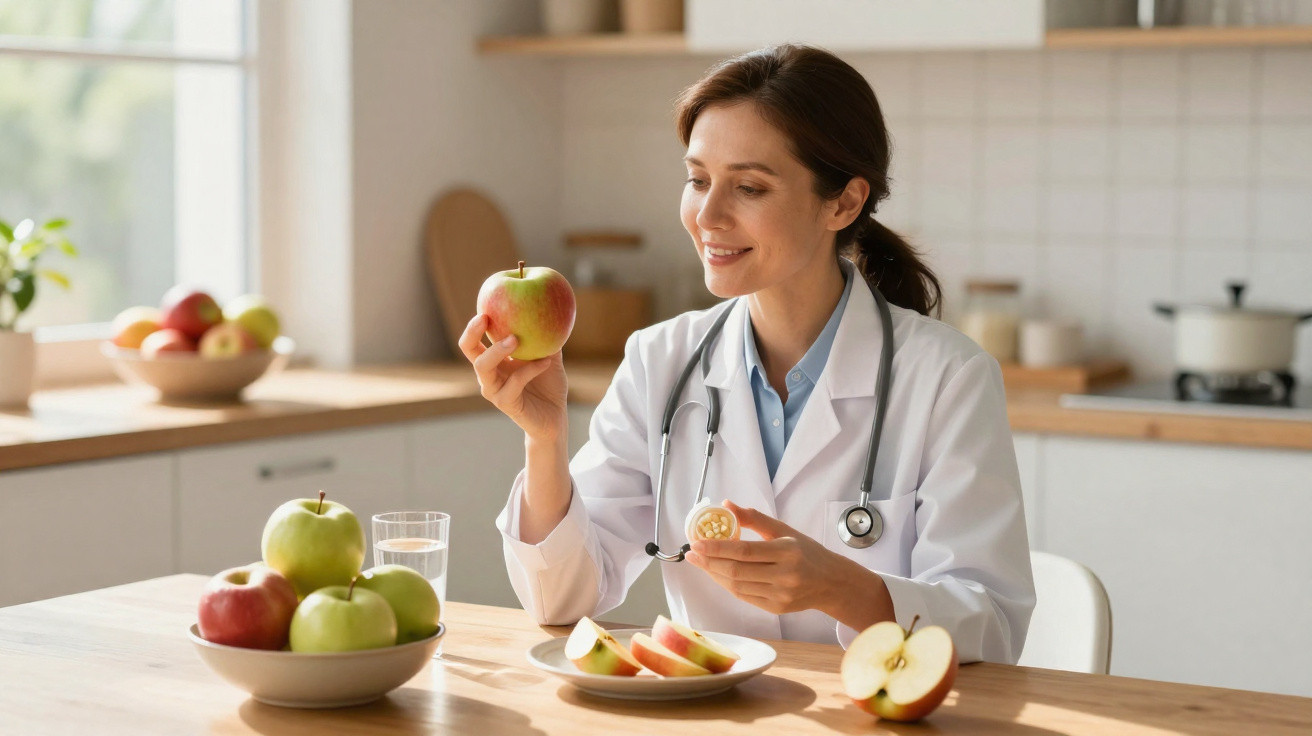 Médica sorridente segurando maçã e utensílio para cortar maçãs numa cozinha luminosa e moderna.