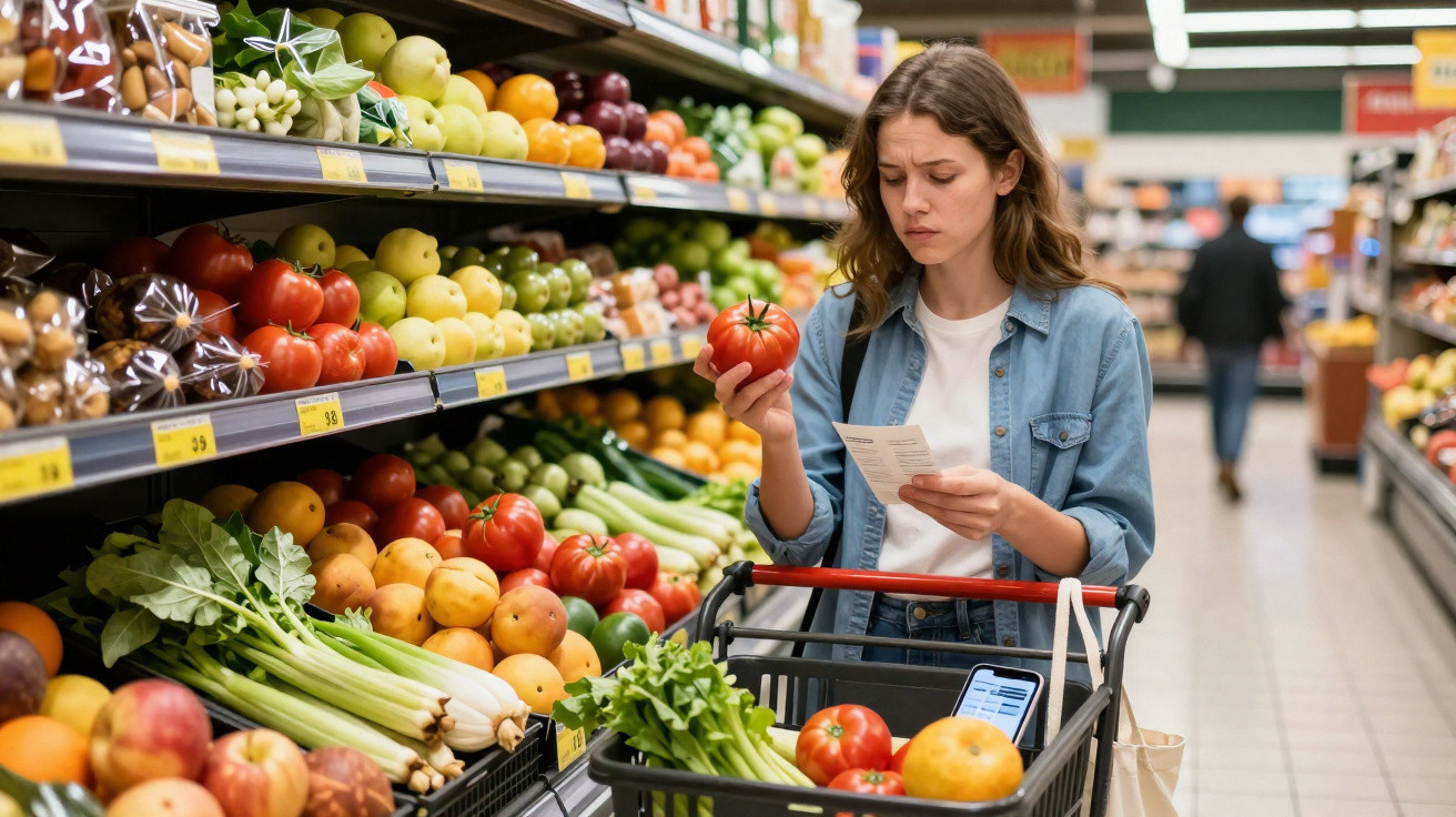 Mulher no supermercado a verificar a lista enquanto segura um tomate junto a frutas e legumes frescos.