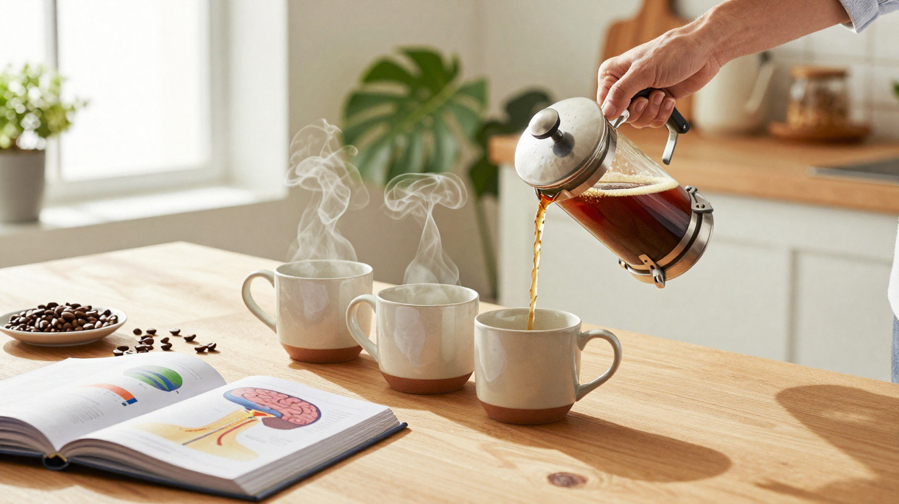 Pessoa a servir café em três canecas numa mesa com livro aberto e grãos de café, ao sol num ambiente interior.