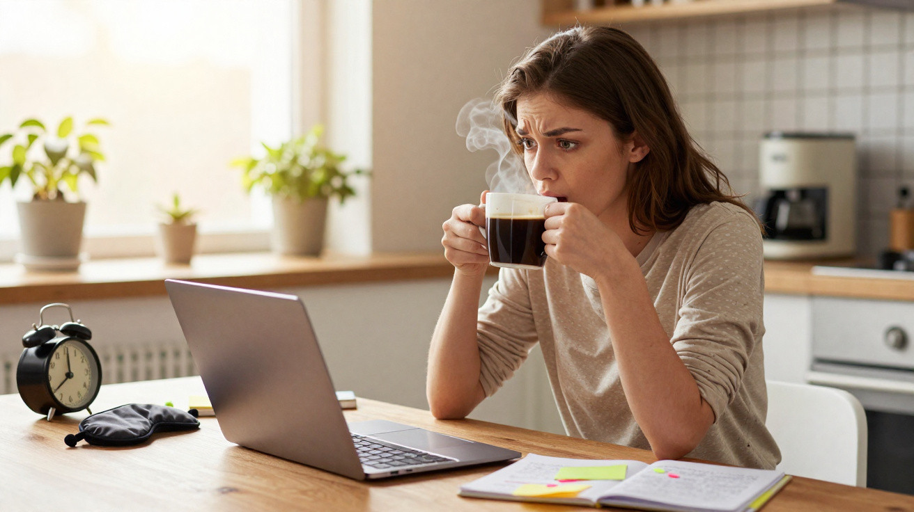 Mulher sentada a beber café quente e a olhar para o computador num ambiente de cozinha iluminada.